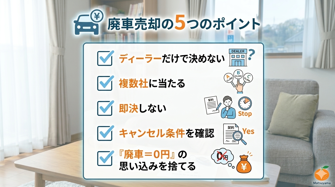 廃車売却の5つのポイント(まとめインフォグラフィック)