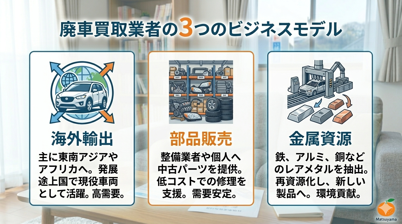 廃車買取業者の3つのビジネスモデル(業者の違いインフォグラフィック)