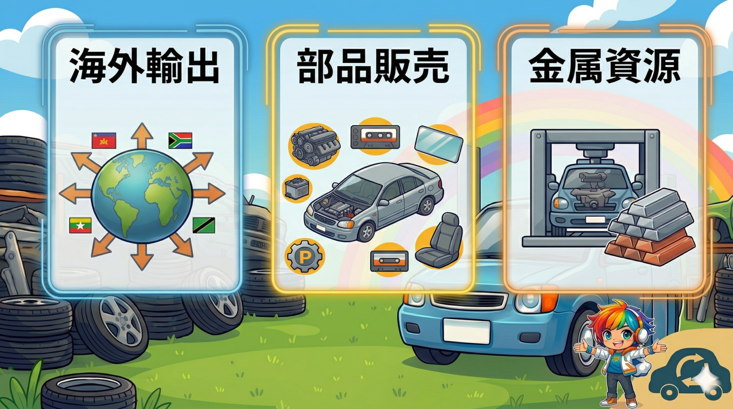 廃車買取業者の3つのビジネスモデル（海外輸出・部品販売・金属資源）のインフォグラフィック