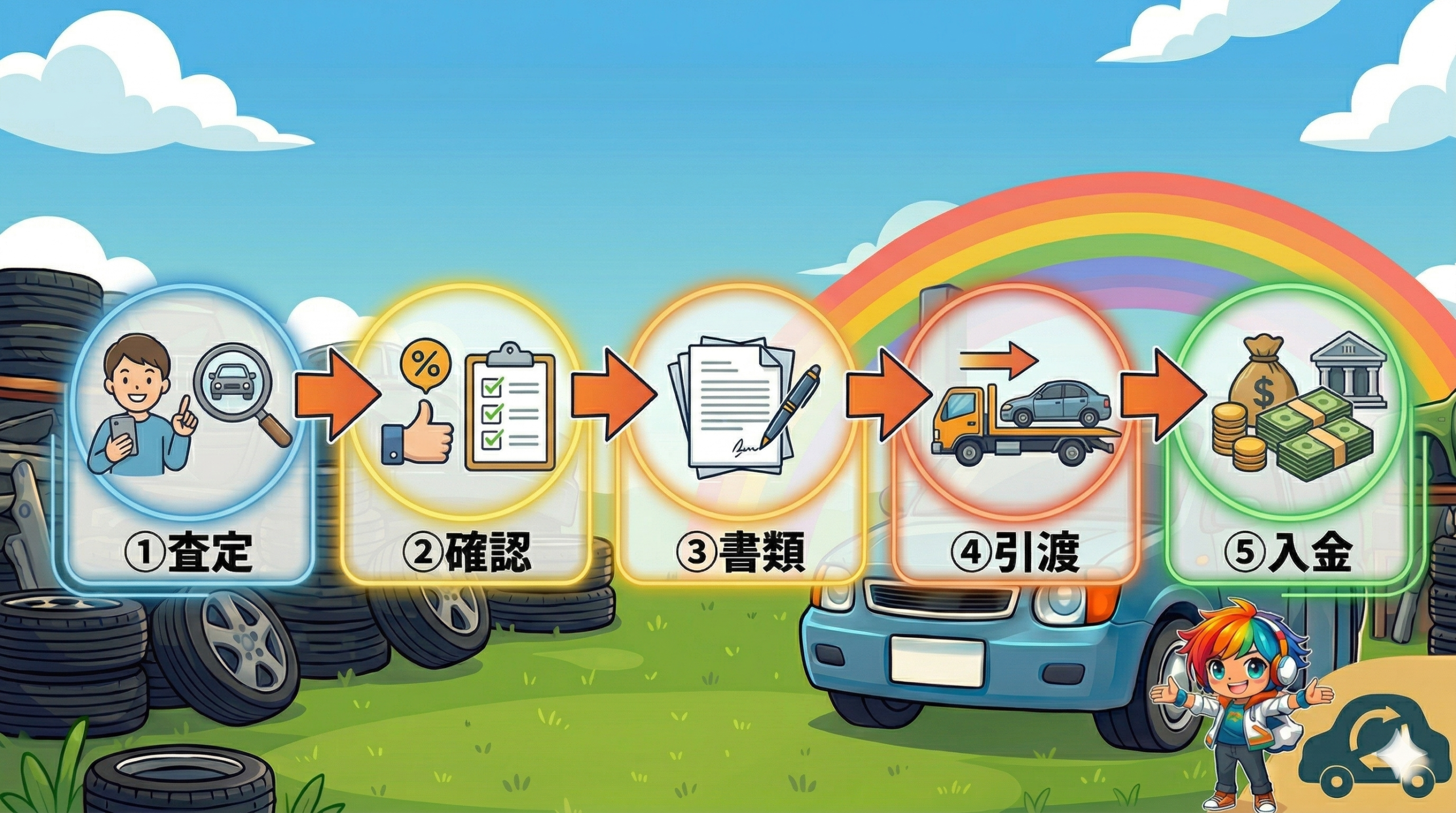 廃車買取の5ステップフローチャート（査定→確認→書類→引渡→入金）