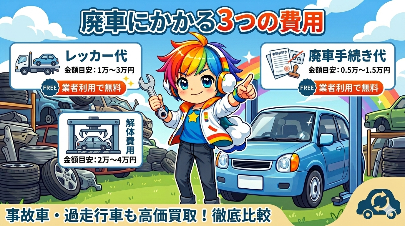 廃車にかかる3つの費用（レッカー代・解体費用・廃車手続き代）のインフォグラフィック