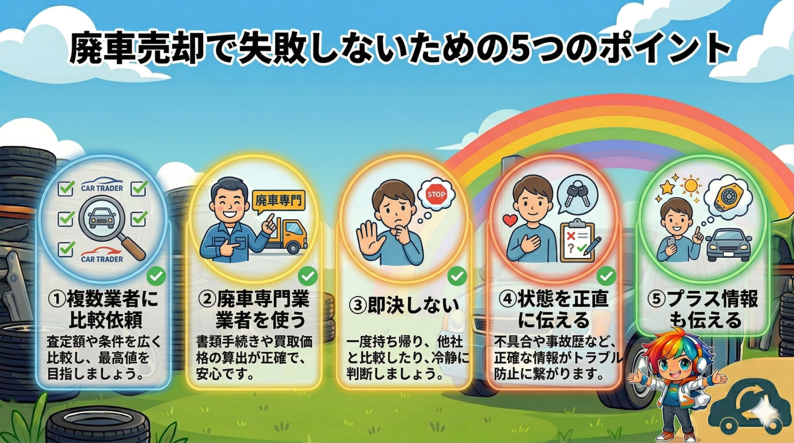 廃車売却で失敗しないための5つのポイントまとめインフォグラフィック